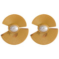 Yhpup Charm Fan Imitation Pearl Flowers Stainless Steel Hyperbolic Fashion Big Stud Earrings Trendy Personality Jewelry Women