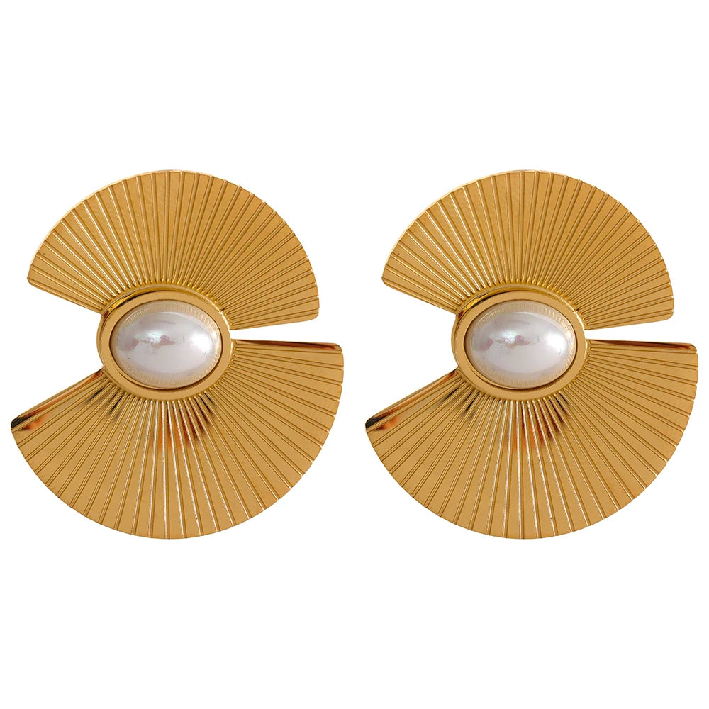 Yhpup Charm Fan Imitation Pearl Flowers Stainless Steel Hyperbolic Fashion Big Stud Earrings Trendy Personality Jewelry Women