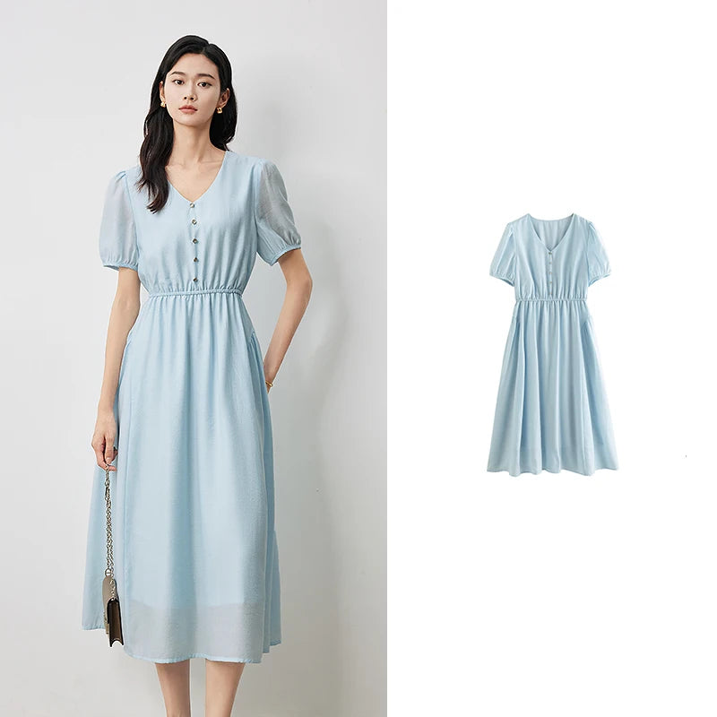 Vestido Midi com Decote V e Manga Bufante Acetinado