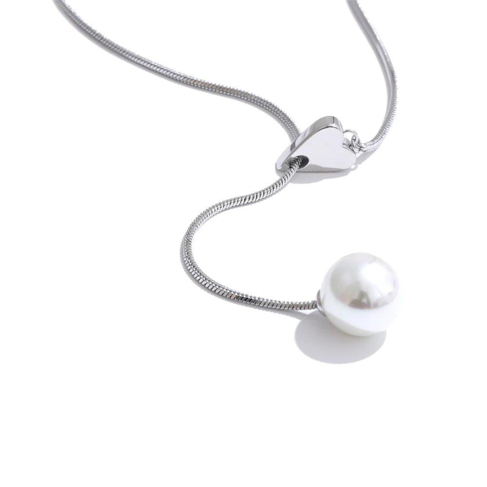 Yhpup New Arrival Simulated Pearls Round Drop Adjustable Necklace Pendant for Women Fashion Stainless Steel Korean Jewelry YH5200A Platinum