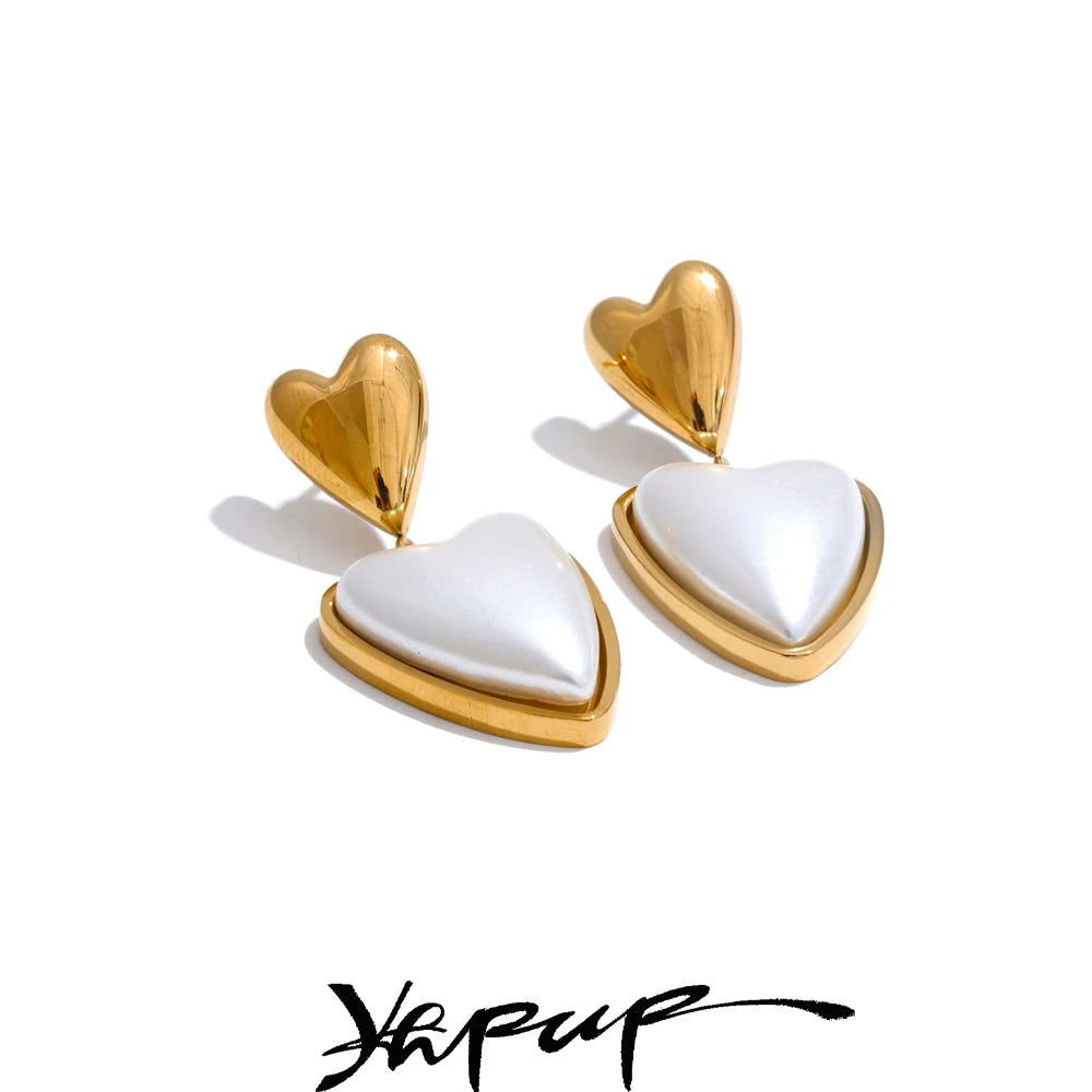 Yhpup Korean Fashion Simulated Pearls Heart Love Drop Earrings for Women Chic Stainless Steel Elegant Attractive Jewelry Gift