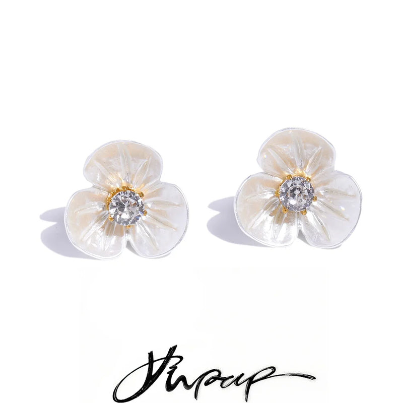 Brinco Pendente Flor com Zircônia em Aço Inoxidável Ouro 4