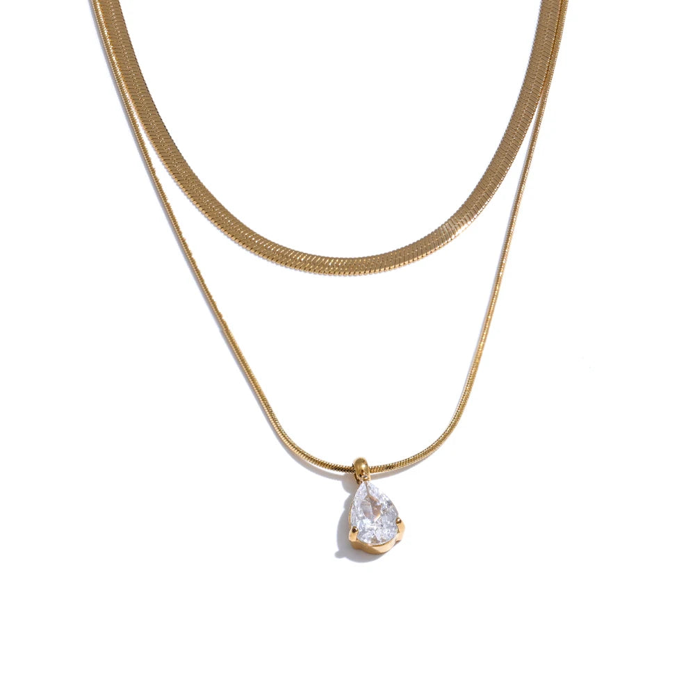 Colar Feminino de Camadas Gota com Zircônia em Aço Inoxidável 4 YH4958A Gold