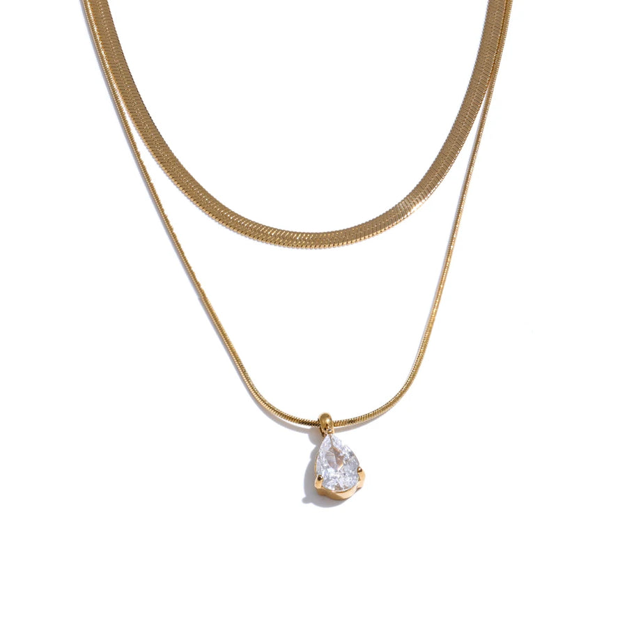 Yhpup Popular Stainless Steel Double Layer Snake Chain Stacking Necklace Pendant Water Drop Zirconia Collar Jewelry Party Gift YH4958A Gold