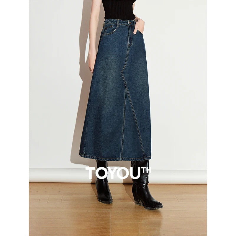 Saia Jeans Midi Feminina com Bolsos Evasê de Liocel