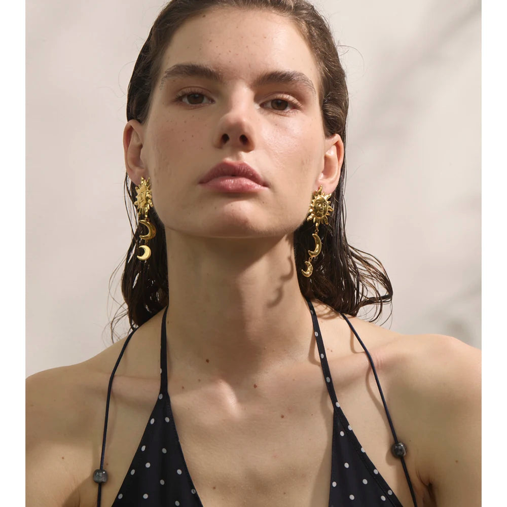 Yhpup Hot Style Stainless Steel Sun Moon Dangle Earrings for All Occasions 18K Golden Plated Trending Daily Jewelry New