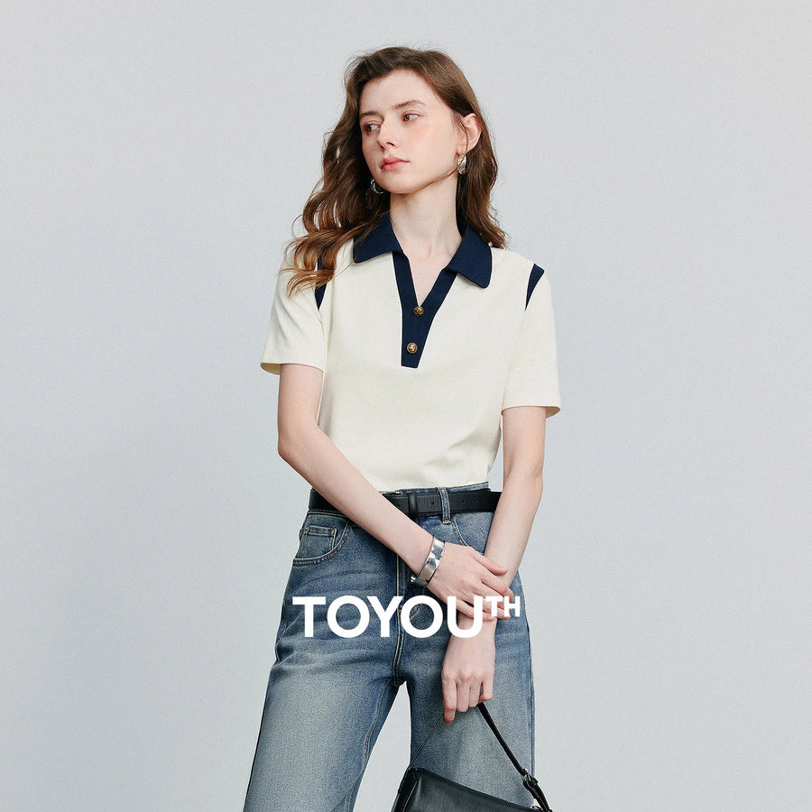Camiseta Polo Feminina Color Block de Algodão Piquet