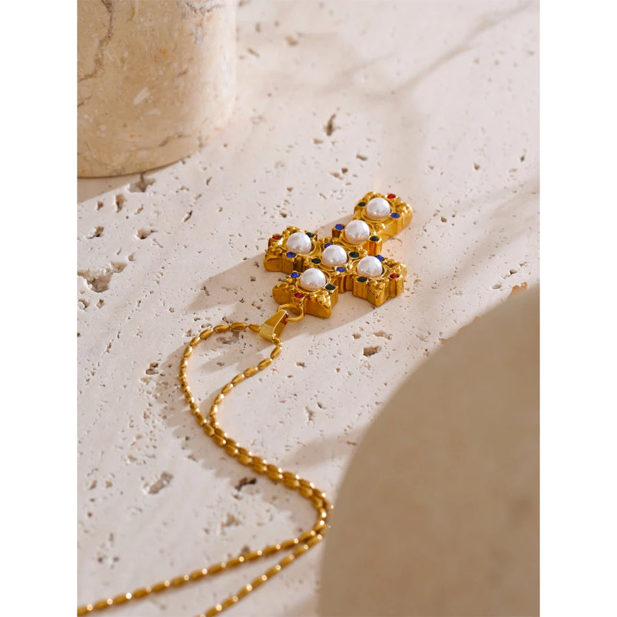 Colar Feminino Cruz com Pérola em Aço Inoxidável