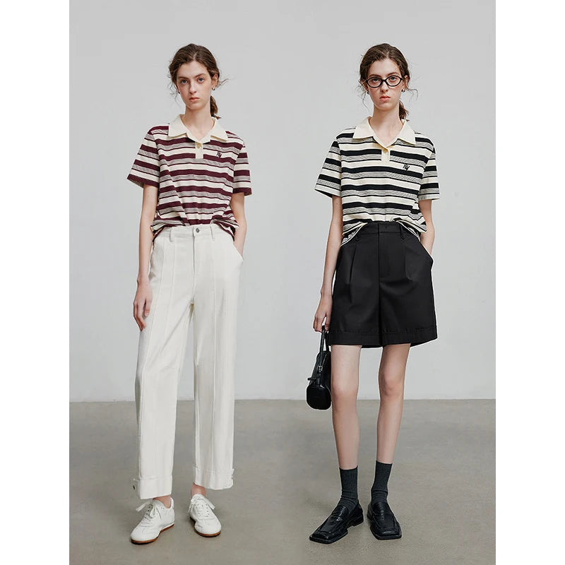 Camiseta Polo Feminina Listrada com Bordado