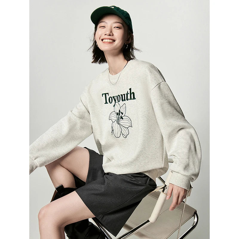 TOYOUTH Women Sweatshirt 2024 Autumn New Long Sleeve O Neck Letter Flower Embroidery Casual Comfort Five Colors Pullover Hoodies