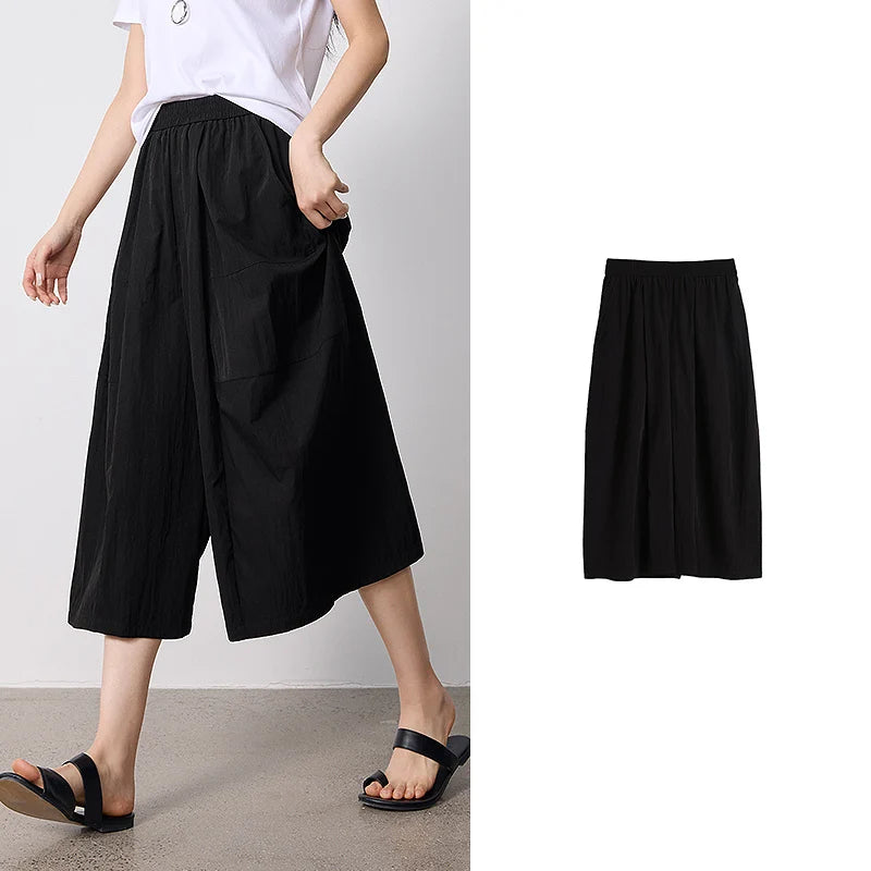 Calça Wide Leg Feminina Cropped com Fenda e Textura