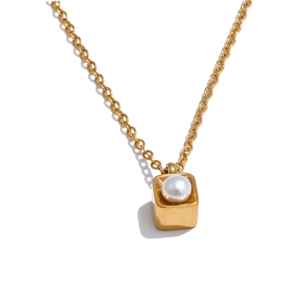 Yhpup GIFT Natural Pearl Exclusive Delicate Stainless Steel Square Pendant Necklace Tarnish Resistant Trendy Charm Jewelry New YH5078A Gold