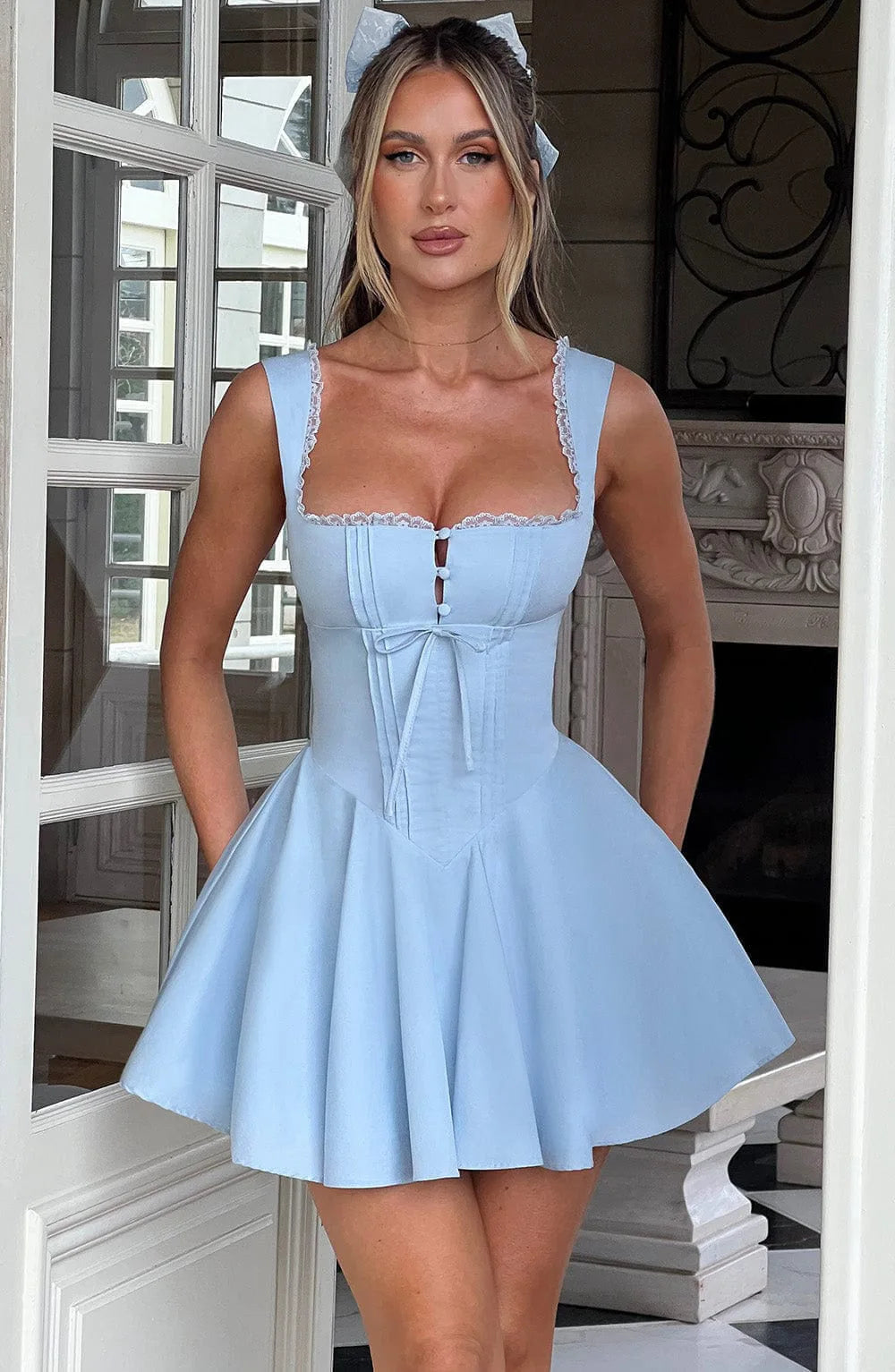 Sexy Lace Corset Short Dress Women's Slip Sundress Vintage Button Mini Sun Dresses Summer Female Clothing Blue White Yellow New Blue