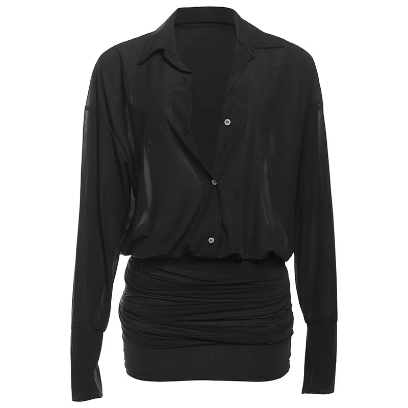 Vestido Camisa Feminino Curto Transparente com Franzidos black