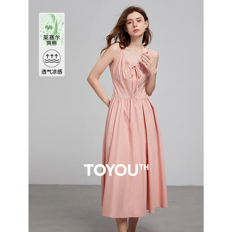 Vestido de Alças Midi Rosa com Bolsos
