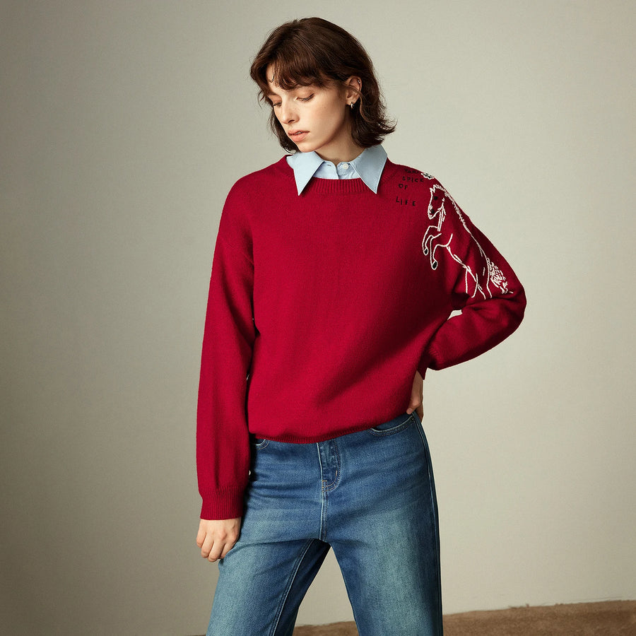 Suéter Feminino Grosso Vermelho com Bordado de Cavalo
