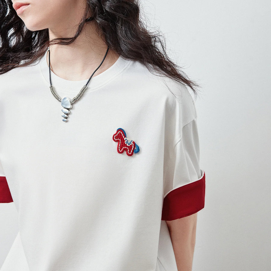TOYOUTH Women's T Shirt 2026 Summer New Color Blocking Patchwork Short Sleeve Lyocell Pony Print Soft Unique Niche Top