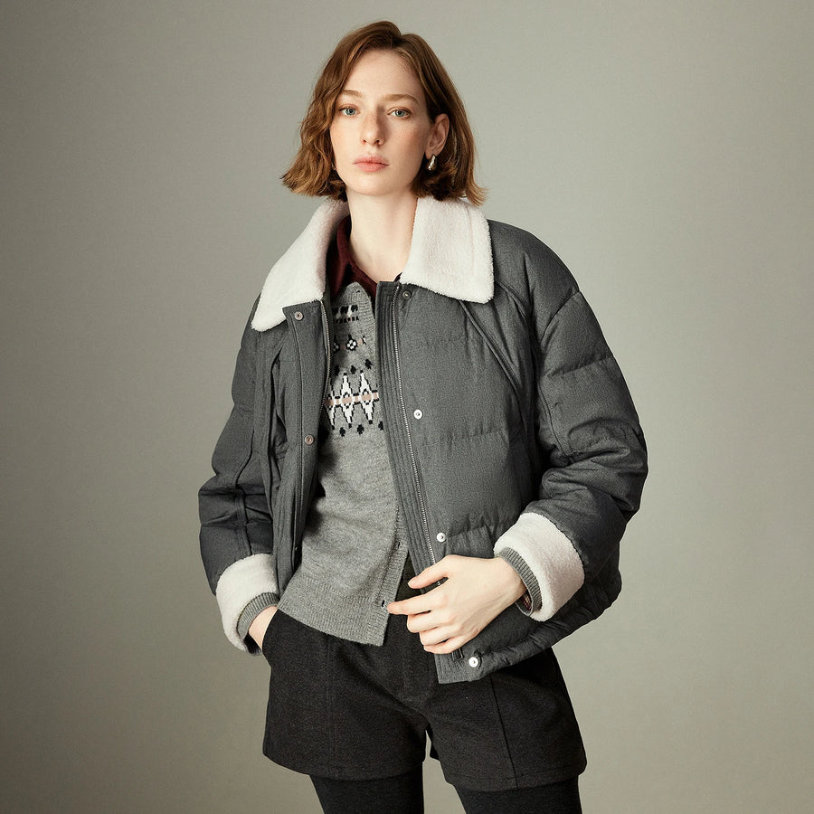 Jaqueta Puffer Feminina 90% Plumas com Recortes Coloridos