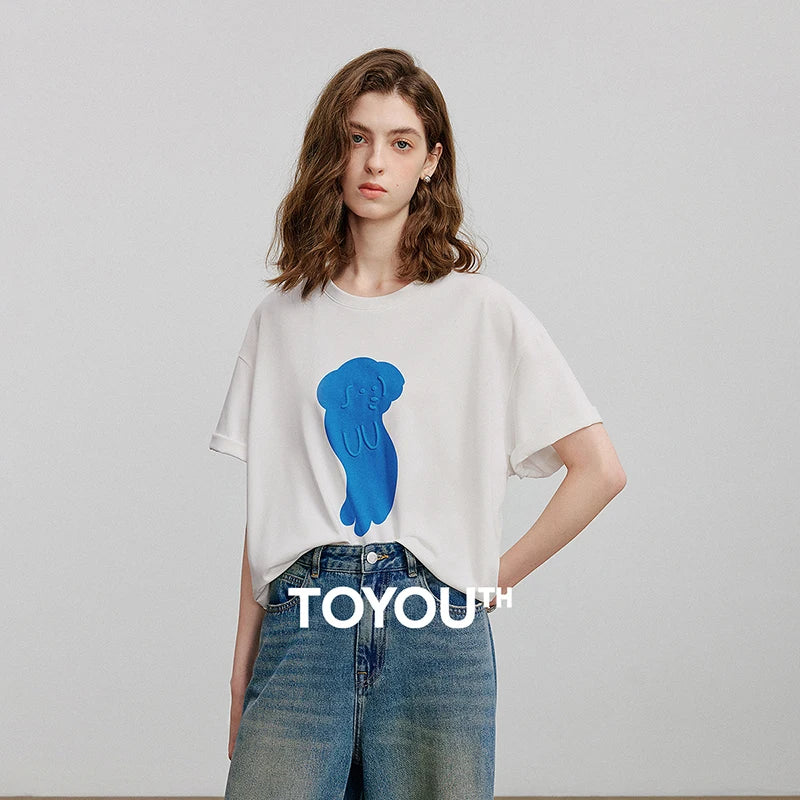 Camiseta Feminina de Algodão com Bordado Cartoon