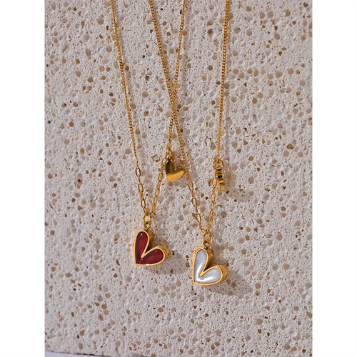 Yhpup Red Enamel White Natural Shell Stainless Steel Heart Pendant Necklace Trendy Exquisite Jewelry Attractive Accessories