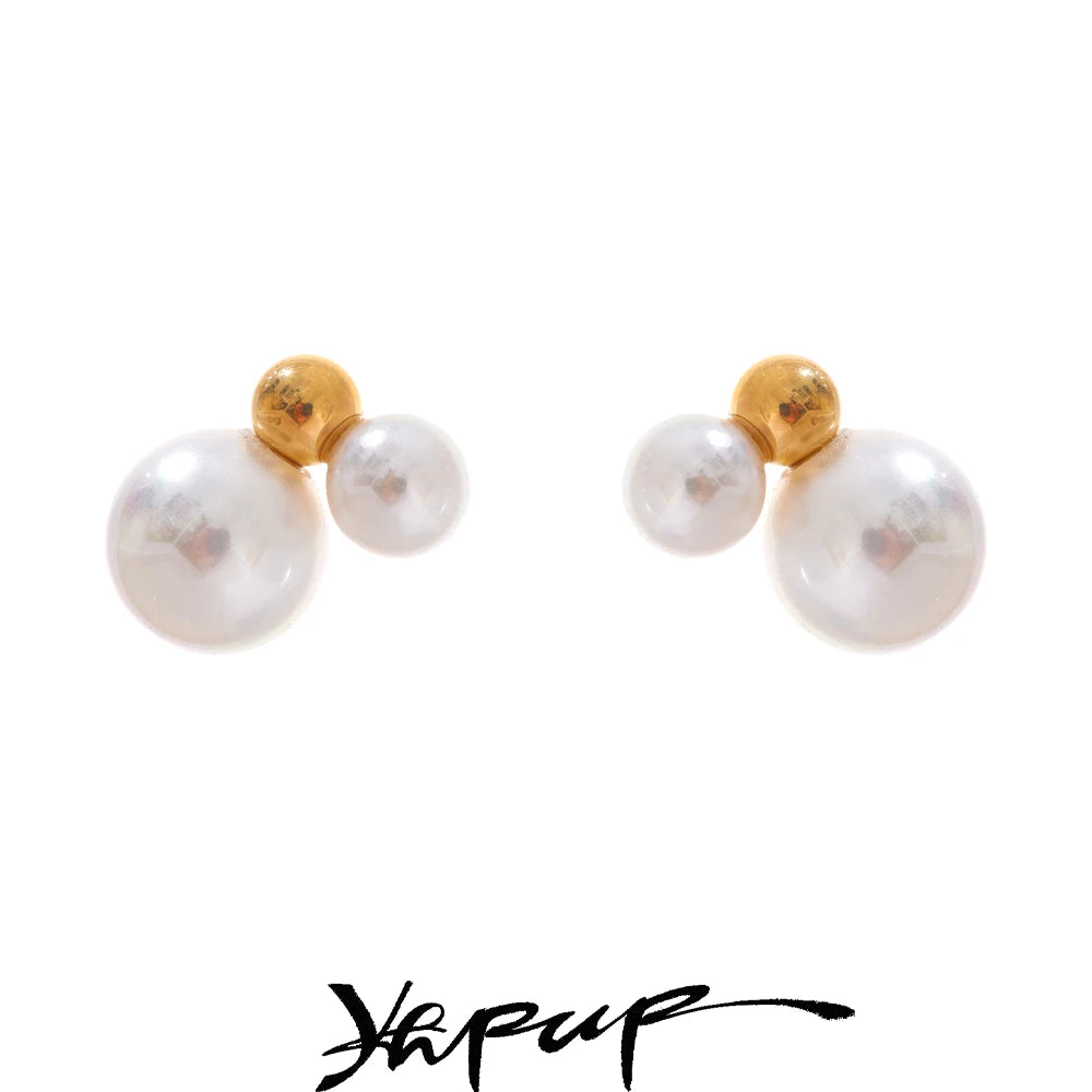 Yhpup Korean Style Imitation Pearls Round Stud Earrings Charm Stainless Steel Small Golden Daily Jewelry Gold Platinum Plated