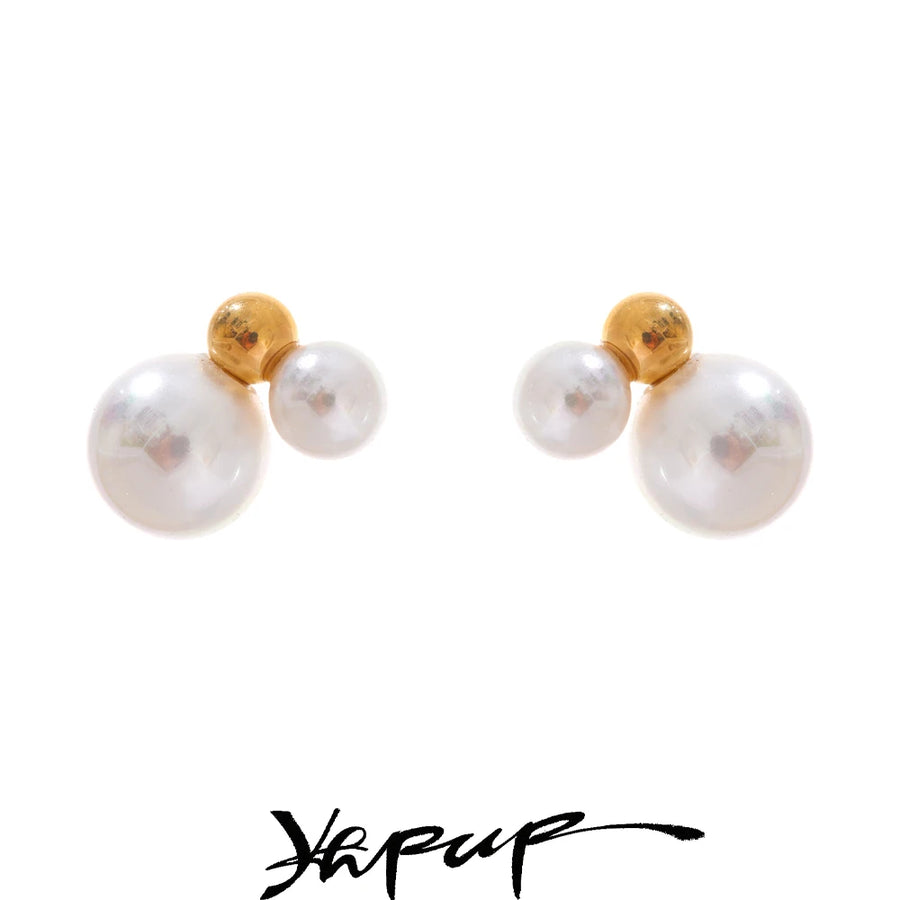 Yhpup Korean Style Imitation Pearls Round Stud Earrings Charm Stainless Steel Small Golden Daily Jewelry Gold Platinum Plated
