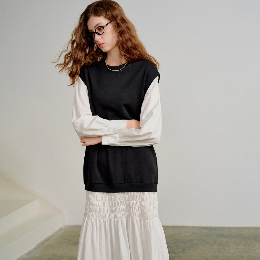 Vestido Midi Manga Longa com Recortes Preto e Branco