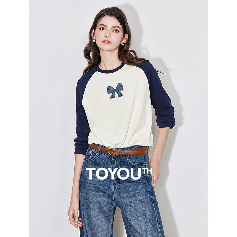 Blusa Feminina Raglan Color Block com Laço em Jeans