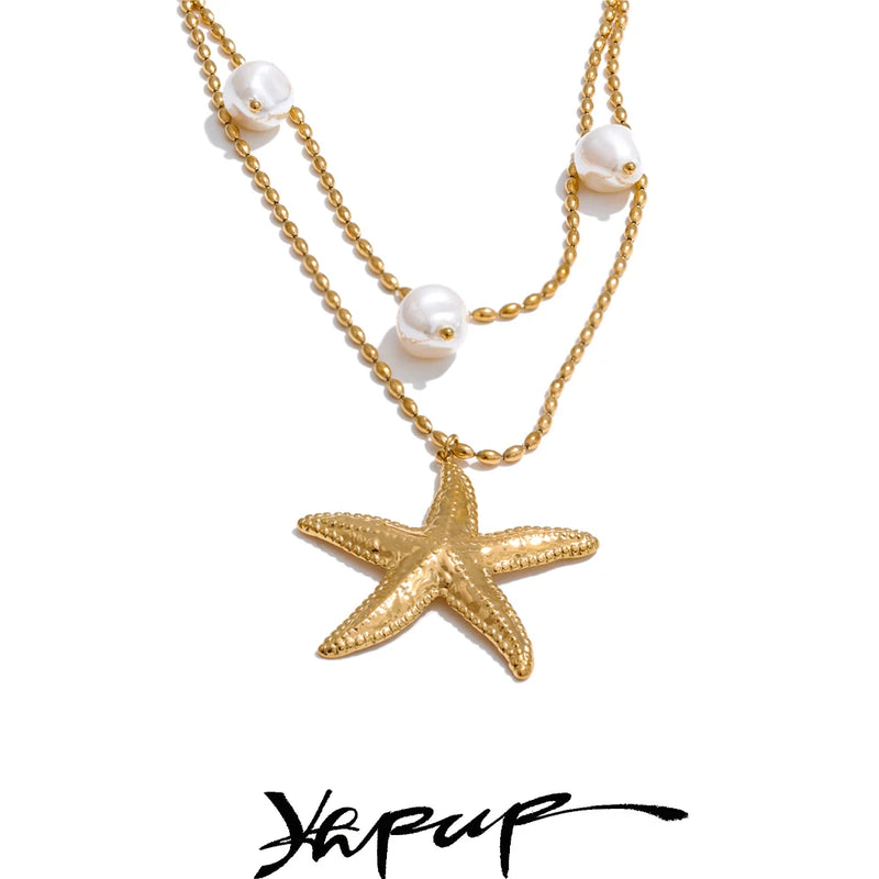 Colar Feminino de Camadas Estrela com Pérola em Aço Inoxidável 2