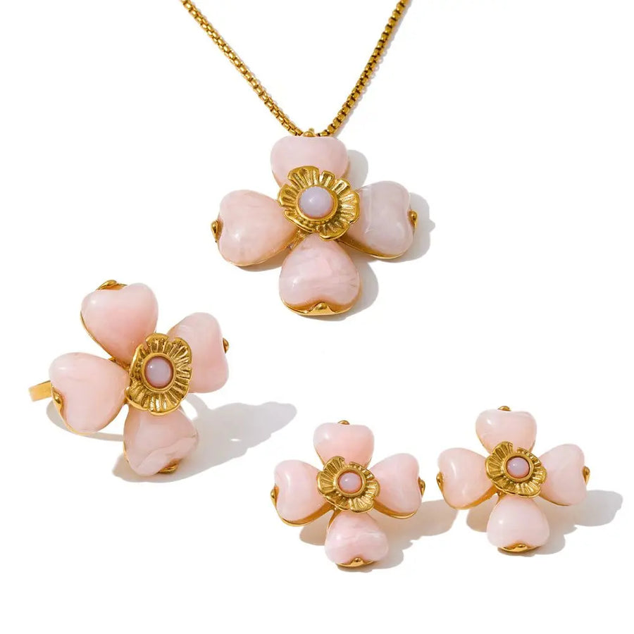 Yhpup Acrylic Fashion Flower Pendant Necklace Adjustable Ring Earrings Set 2025 Stainless Steel Trendy Jewelry Gift Multi-color Set Pink