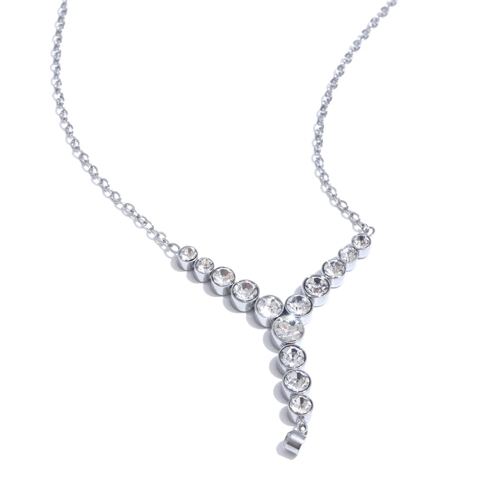 Colar Feminino em Y Gota com Zircônia em Aço Inoxidável Prata