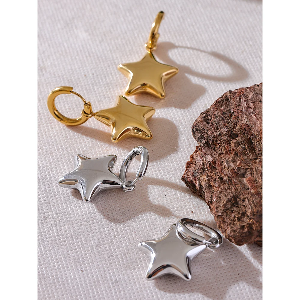 Yhpup Fashion Stainless Steel Star Hollow Thick Drop Hoop Earrings Women 18K Gold Plated Polished Texture Charm Daily Jewelry