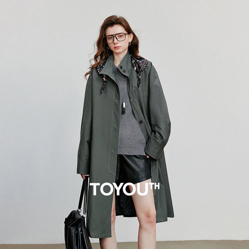 Trench Coat Feminino Midi Leve Estilo Barn com Gola Alta