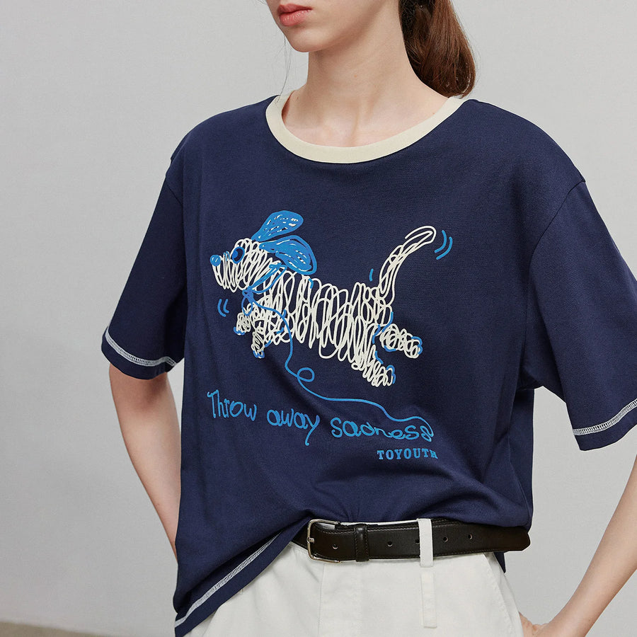 Camiseta Feminina 100% Algodão com Estampa Cachorro Cartoon