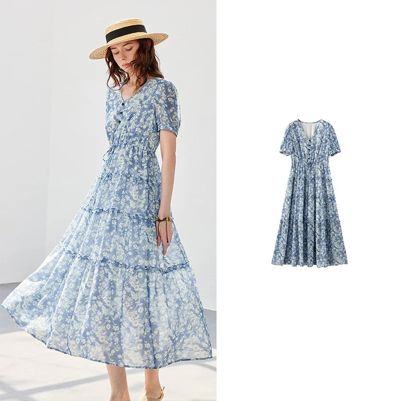 Vestido Longo de Chiffon Floral com Decote V
