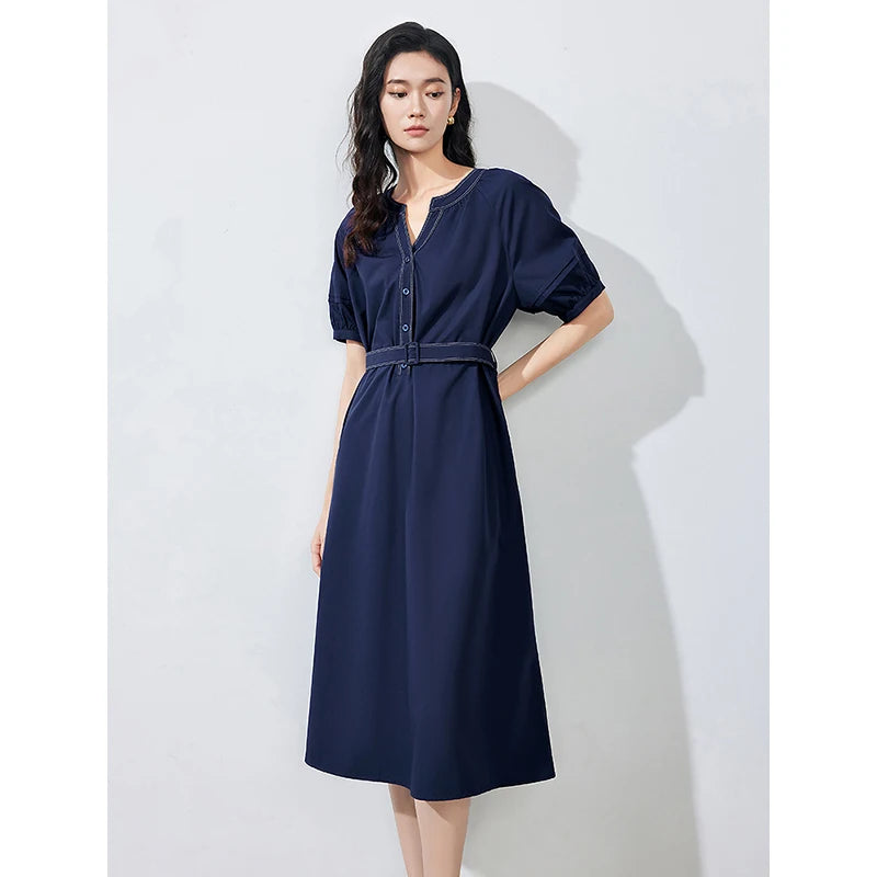 Vestido Midi com Decote V e Manga Bufante