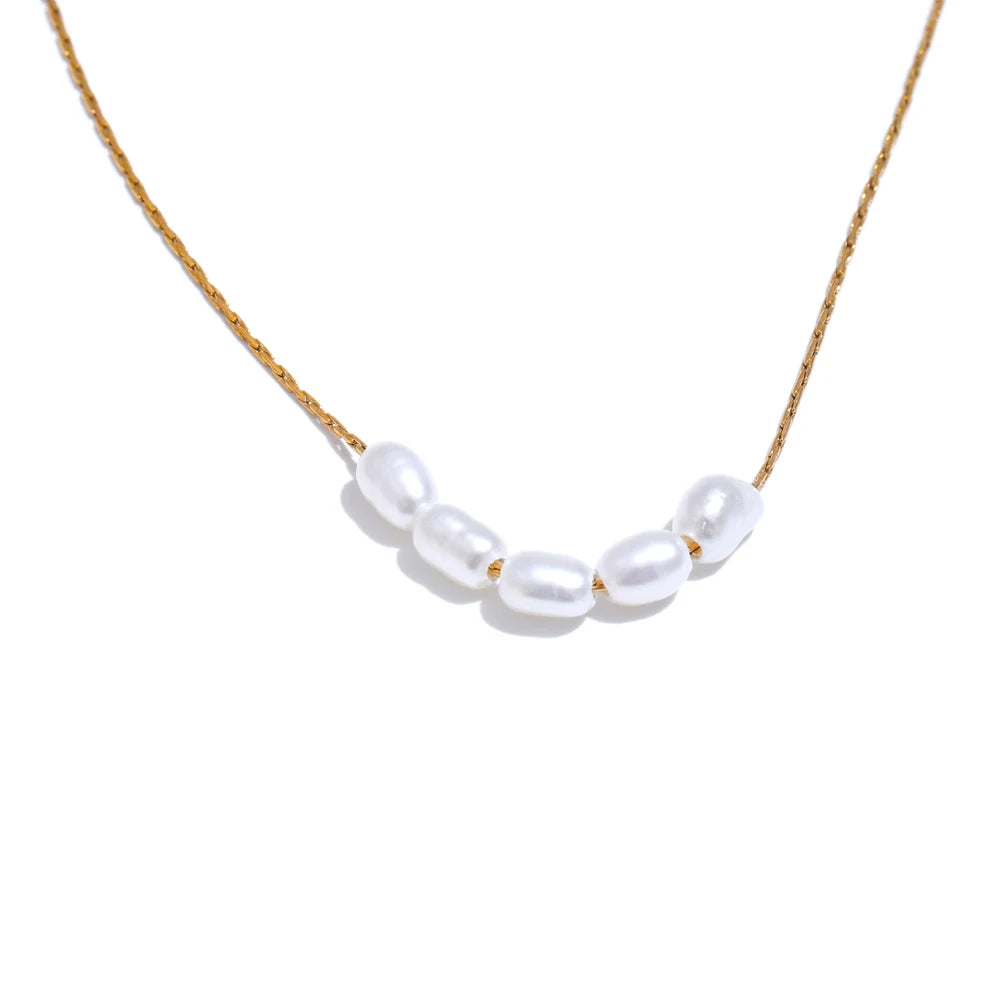 Yhpup Natural Freshwater Pearls Stainless Steel Chain Necklace for Women Waterproof Chic Fashion Collar Jewelry Gift Waterproof YH4411A Gold