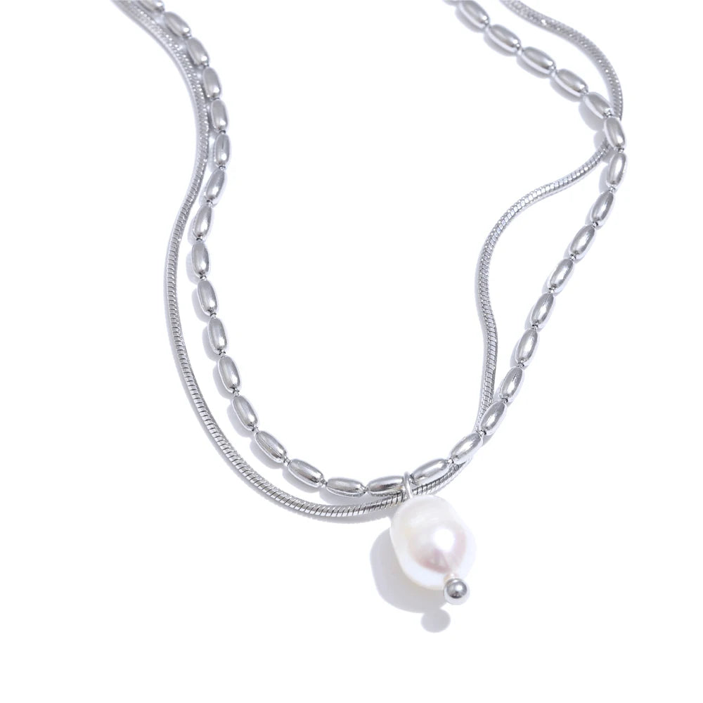 Colar Feminino de Camadas Gota com Pérola em Aço Inoxidável YH4255A Platinum