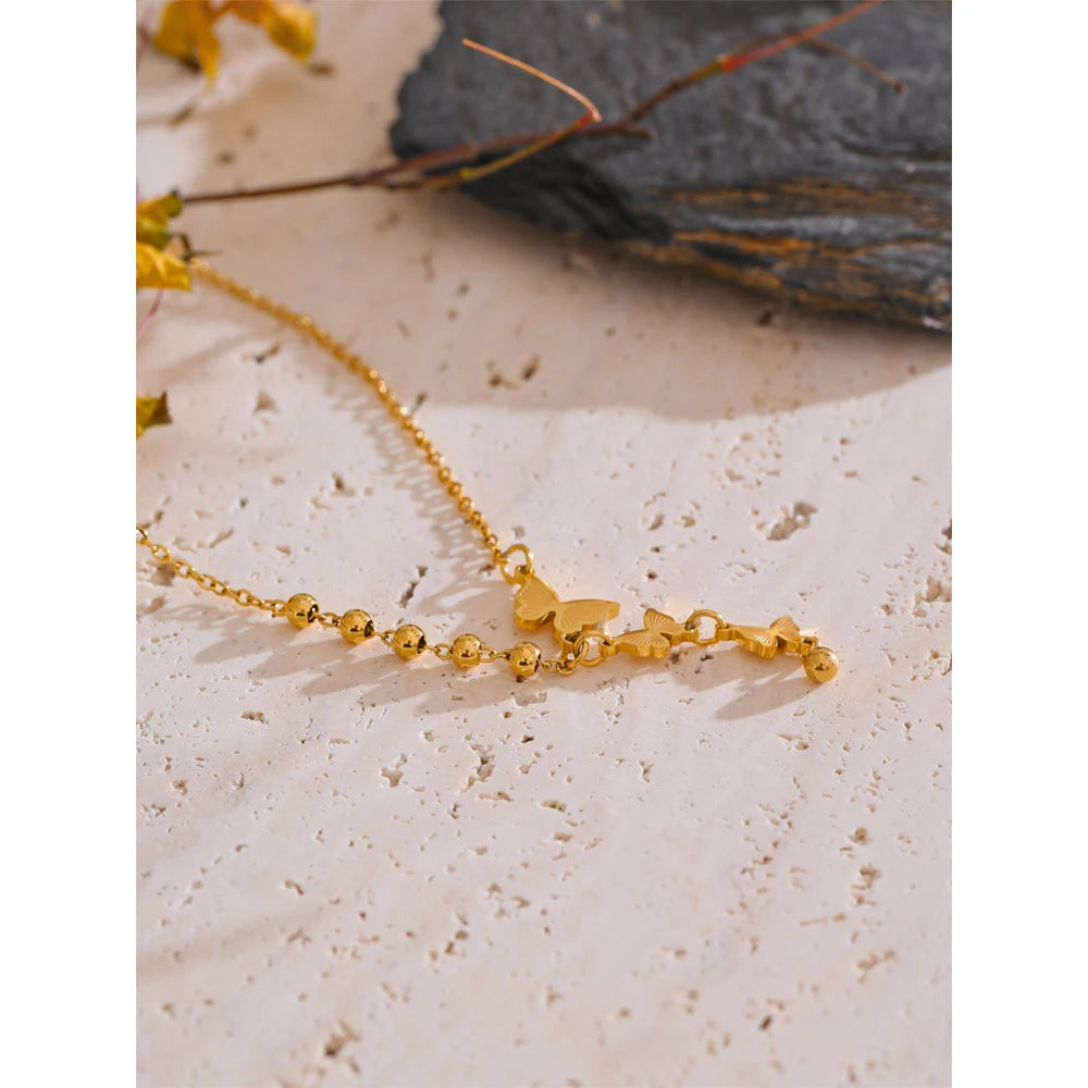 Yhpup Stainless Steel Butterfly Popular Necklace Pendant 18K Gold Color Plated Beads Chain Fashion Collar Jewelry