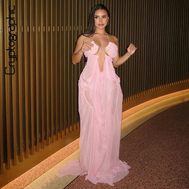 Vestido Longo Feminino de Chiffon com Recortes e Decote V