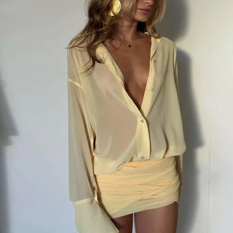Vestido Camisa Feminino Curto Transparente com Franzidos