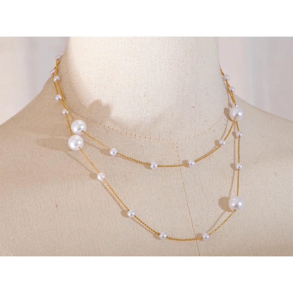 Yhpup 90+5 cm Elegant Simulated Pearl Beads Long Daily Sweater Chain Necklace 18K Golden Waterproof Chic Stainless Steel Jewelry