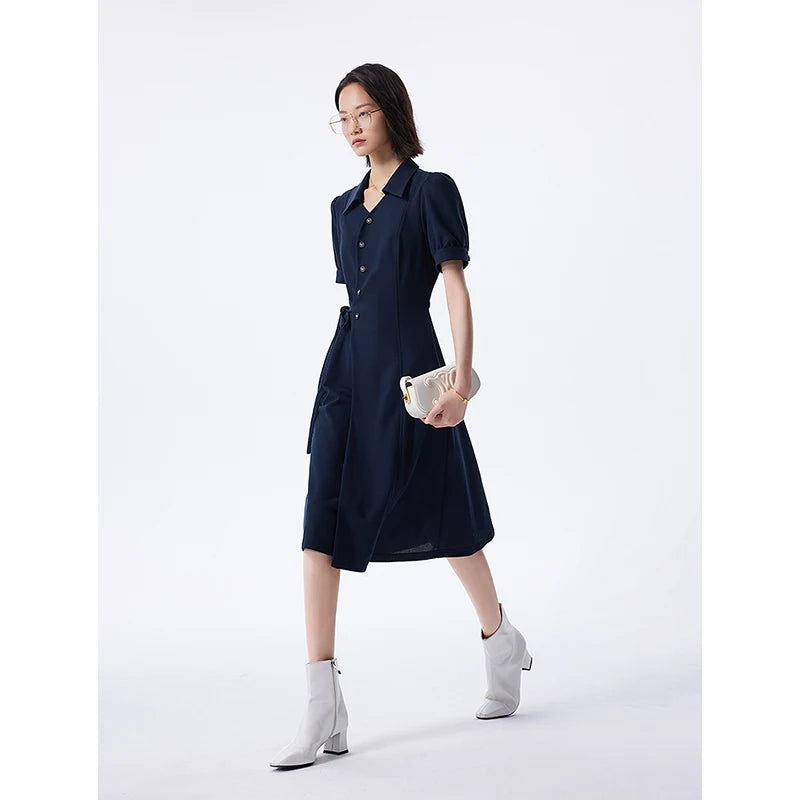 Vestido Chemise Midi Azul-Marinho com Cinto