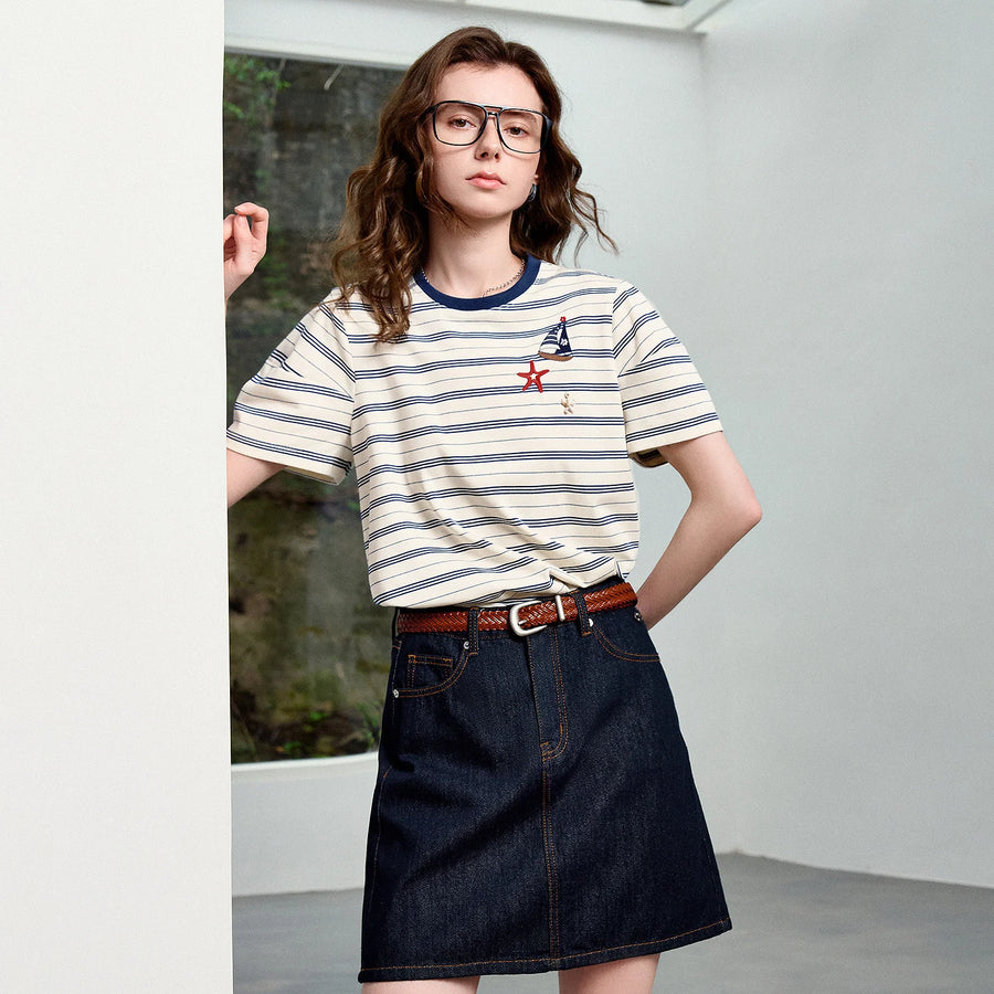 TOYOUTH Women's Nautical Stripe T-Shirt 2026 Summer New Sailboat Starfish Embroidery Classic Fit Pullover Tee