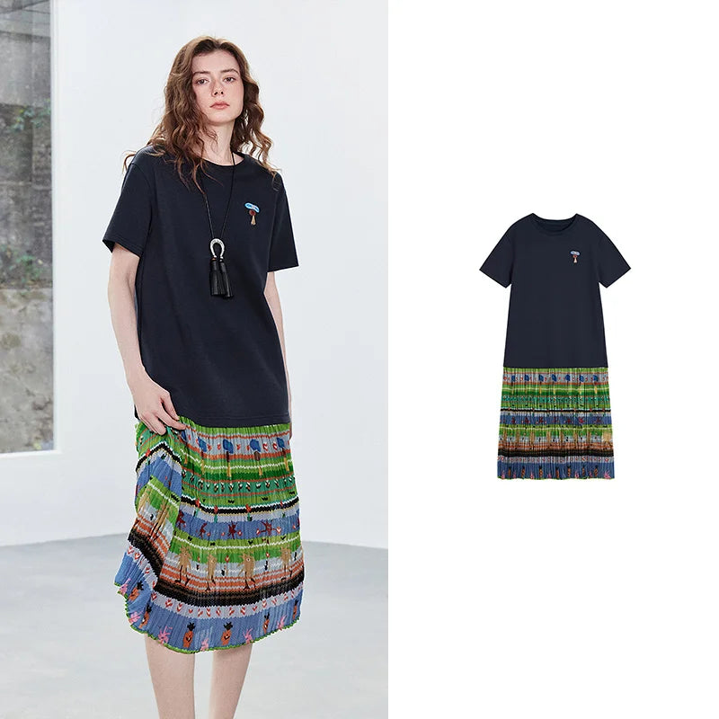 Vestido Camiseta Midi Artístico com Recortes Navy Bule
