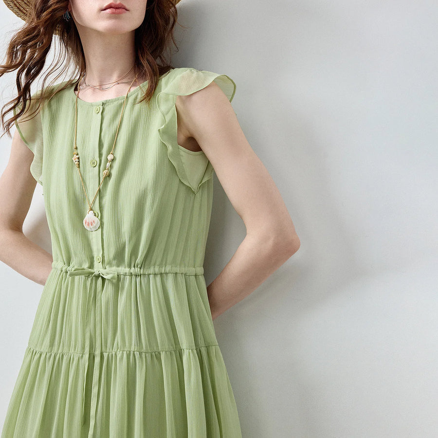 Vestido Midi de Chiffon com Babados e Cintura Marcada