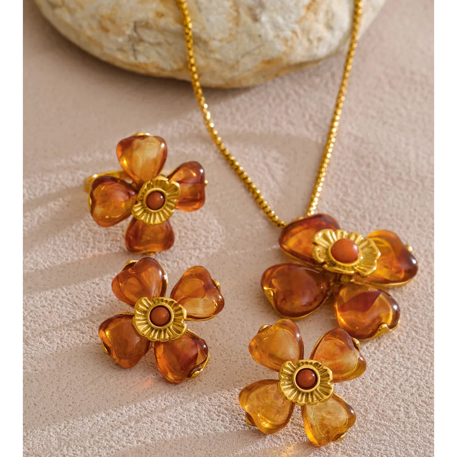Yhpup Acrylic Fashion Flower Pendant Necklace Adjustable Ring Earrings Set 2025 Stainless Steel Trendy Jewelry Gift Multi-color