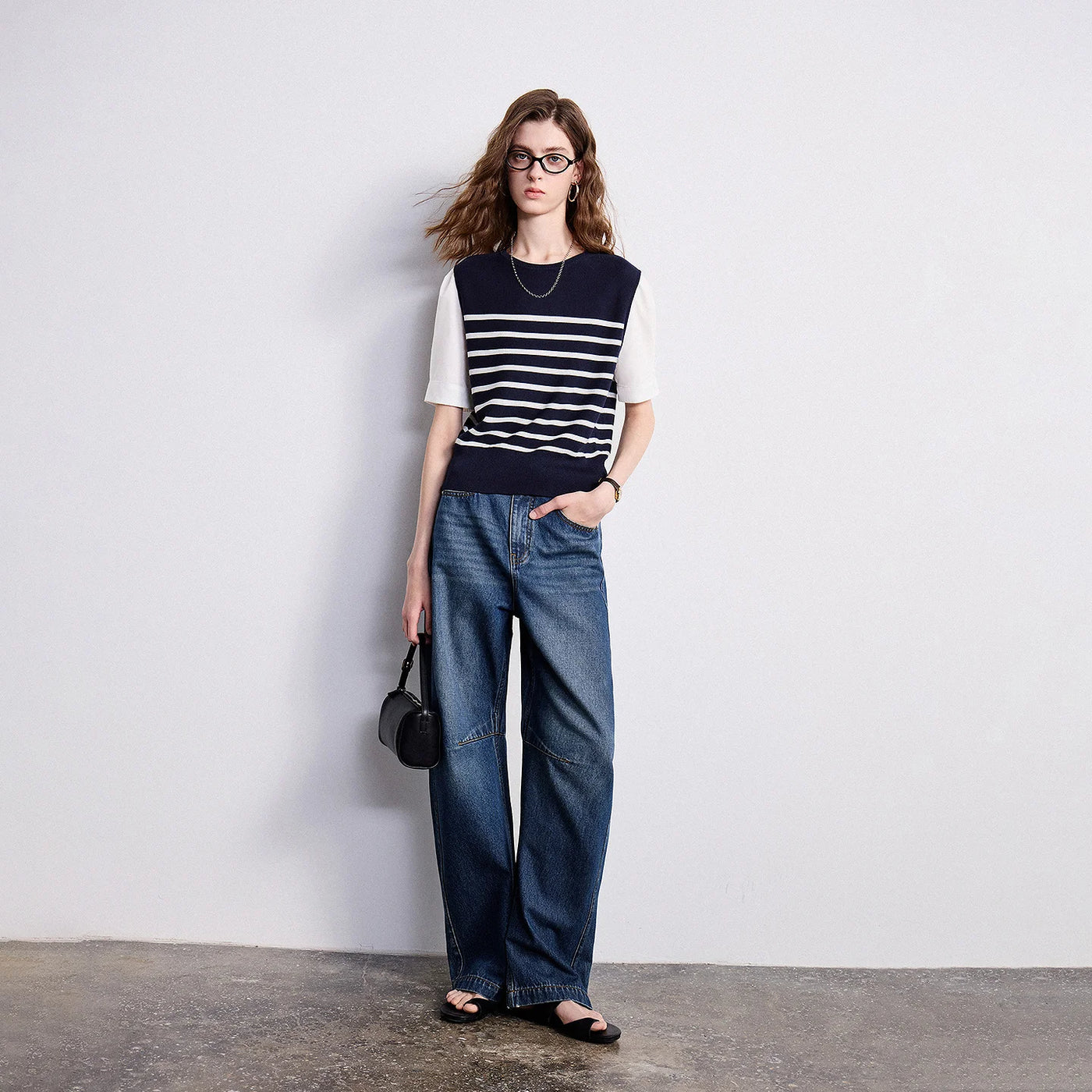 Blusa Feminina de Tricô Listrada Efeito Duas Peças Slim