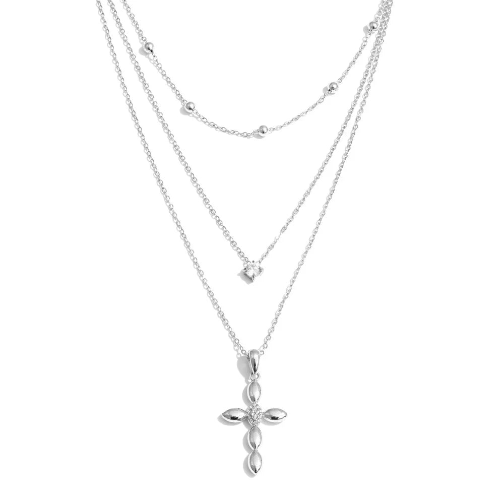 Yhpup Trendy Stainless Steel Layered Chain Cross Pendant Necklace for Women Exquisite High Quality Chic Jewelry Water Resistant YH2951A Platinum