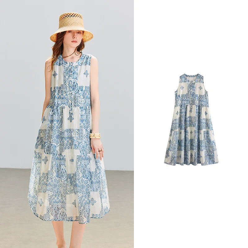 Vestido Midi Sem Manga em Liocel Bordado